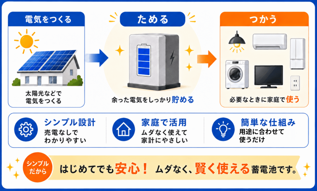 電気をつくる 太陽光などで 電気をつくる ためる 余った電気をしっかり貯める つかう 必要なときに家庭で使う シンプル設計 売電なしで わかりやすい 家庭で活用 ムダなく使えて 家計にやさしい 簡単な仕組み 用途に合わせて 使うだけ シンプルだから はじめてでも安心！ ムダなく、賢く使える蓄電池です。