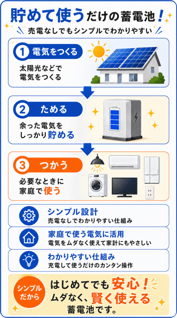 電気をつくる 太陽光などで 電気をつくる ためる 余った電気をしっかり貯める つかう 必要なときに家庭で使う シンプル設計 売電なしで わかりやすい 家庭で活用 ムダなく使えて 家計にやさしい 簡単な仕組み 用途に合わせて 使うだけ シンプルだから はじめてでも安心！ ムダなく、賢く使える蓄電池です。